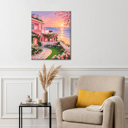 Cottage de jardin au coucher du soleil – Peinture par numéros