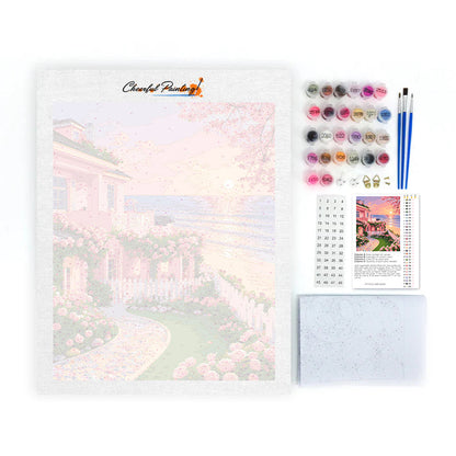 Cottage de jardin au coucher du soleil – Peinture par numéros