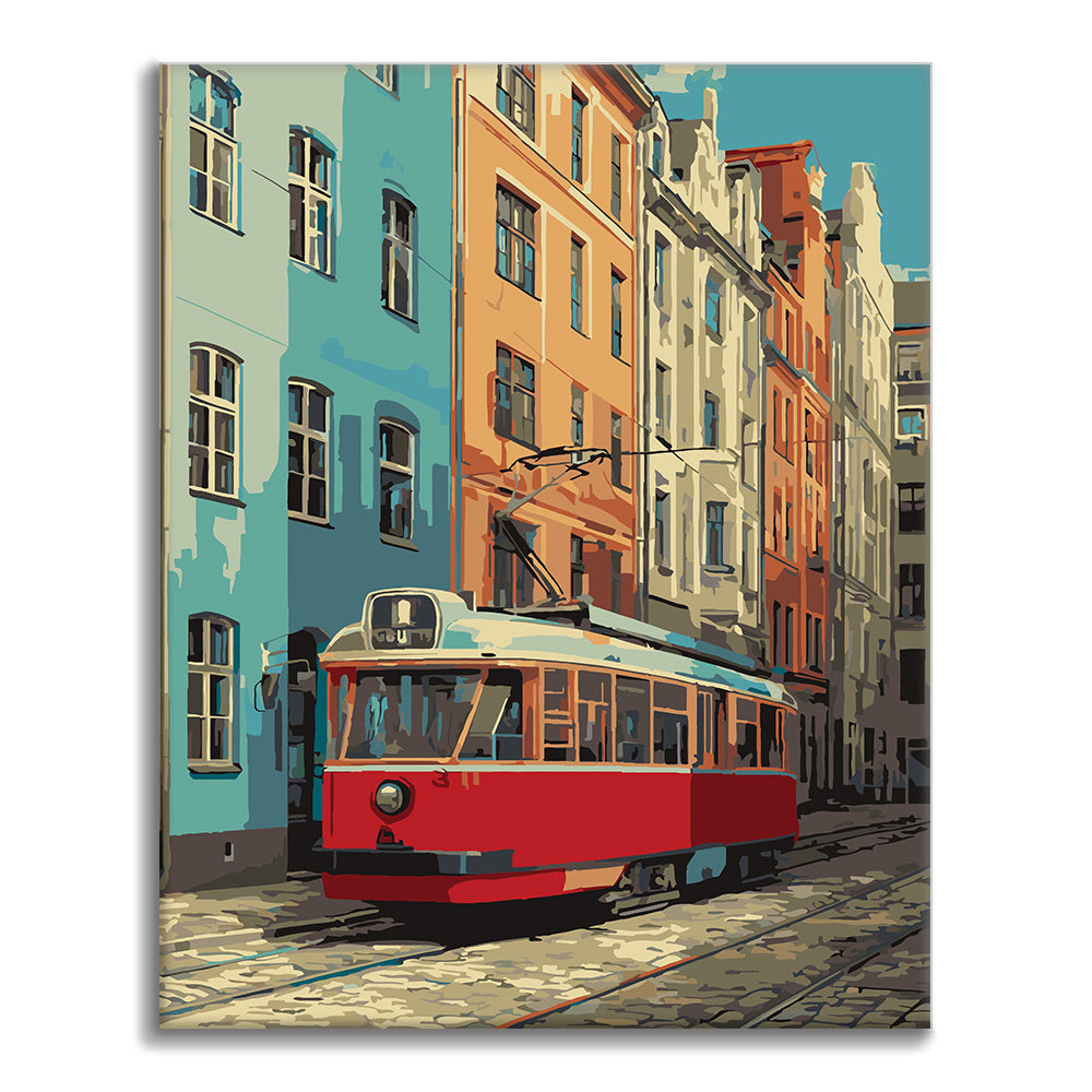 Tramway rouge vintage – Peinture par numéros