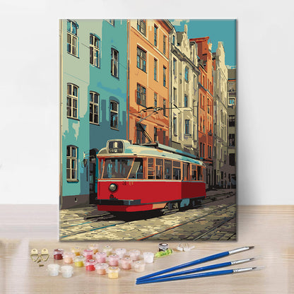 Tramway rouge vintage – Peinture par numéros
