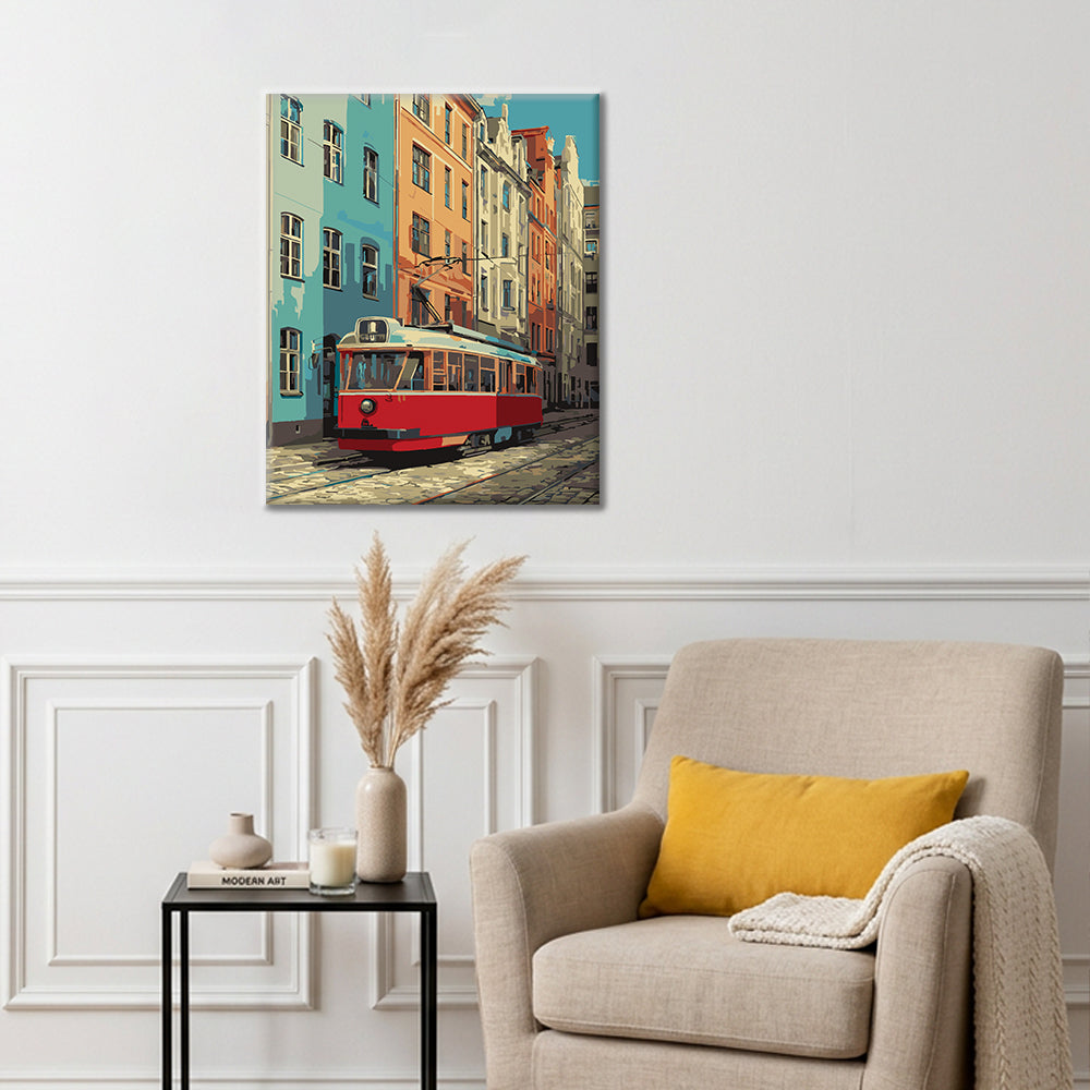 Tramway rouge vintage – Peinture par numéros