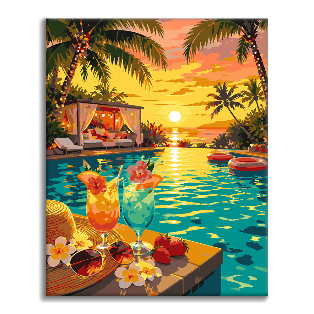 Paradis au bord de la piscine au coucher du soleil - Peinture par numéros