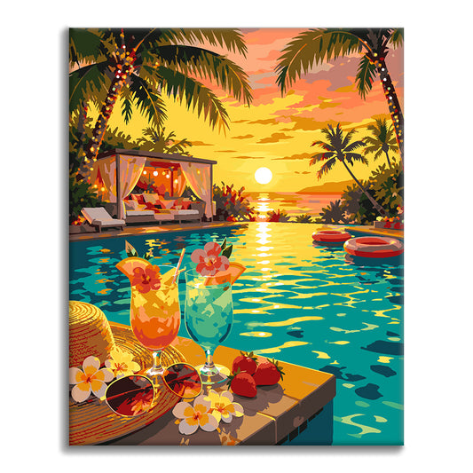Paradis au bord de la piscine au coucher du soleil - Peinture par numéros
