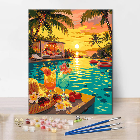 Paradis au bord de la piscine au coucher du soleil - Peinture par numéros