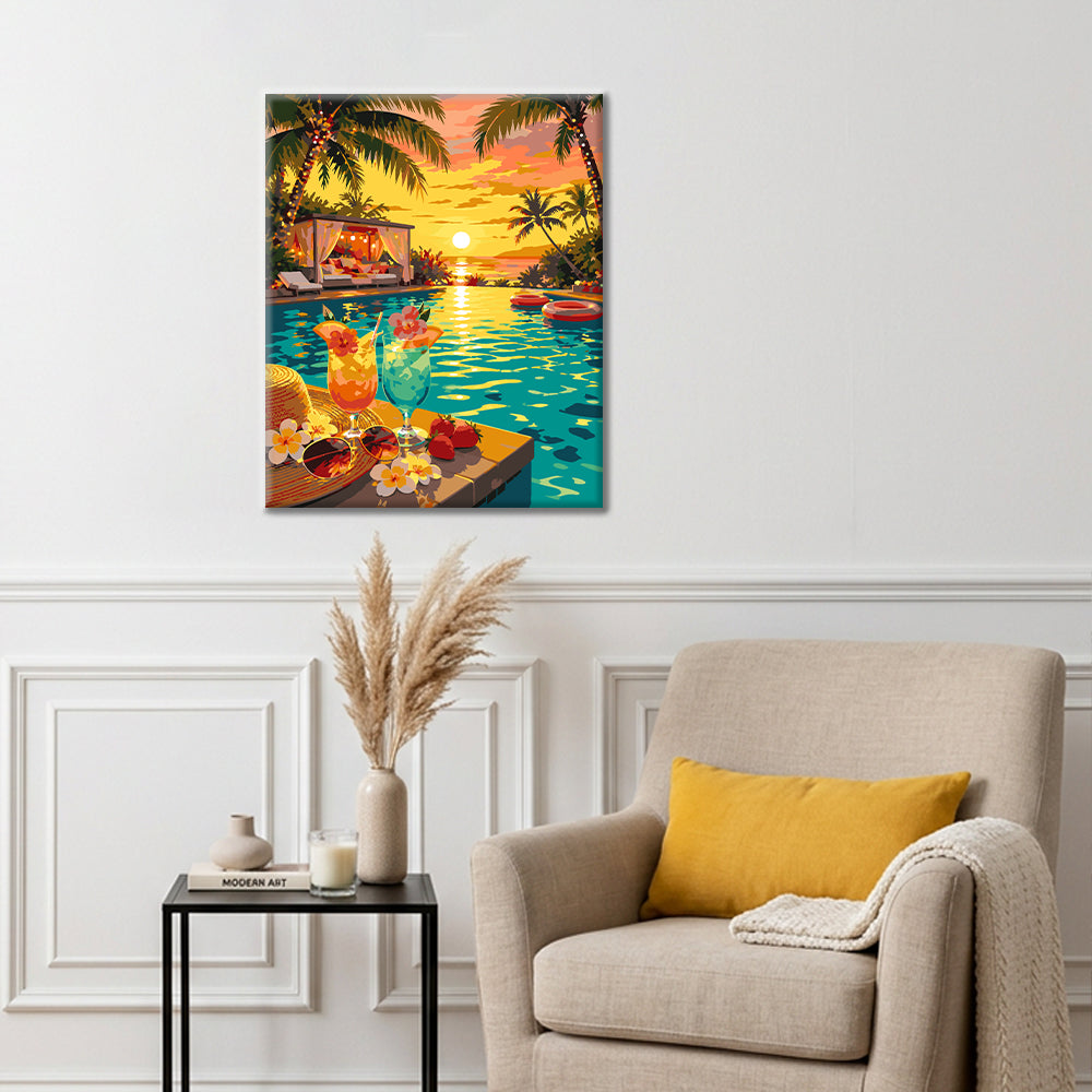 Paradis au bord de la piscine au coucher du soleil - Peinture par numéros