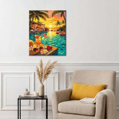 Paradis au bord de la piscine au coucher du soleil - Peinture par numéros