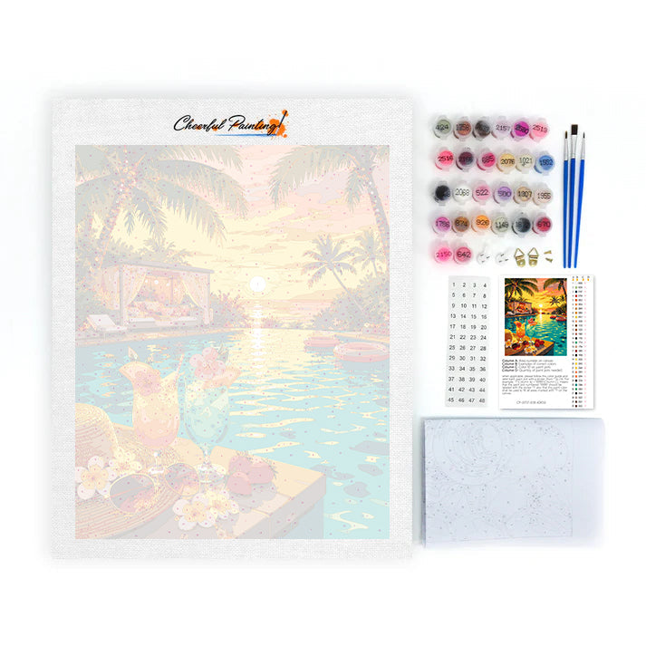 Paradis au bord de la piscine au coucher du soleil - Peinture par numéros