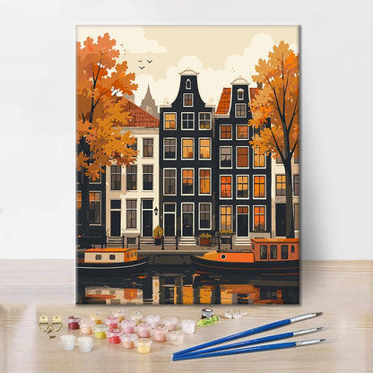 Maisons de canal en automne – Peinture par numéros