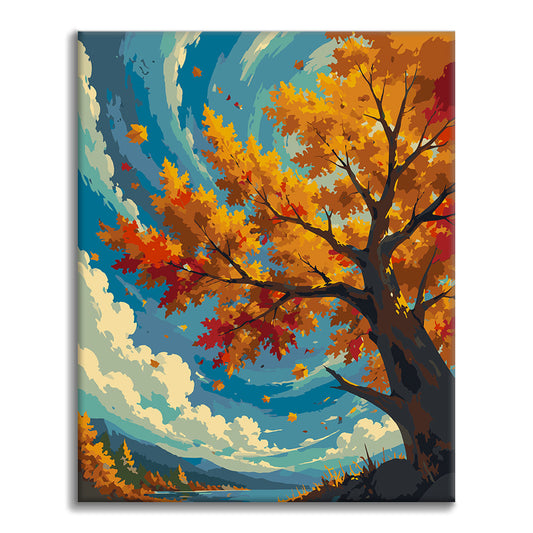 Arbre d’automne sous un ciel bleu – Peinture par numéros