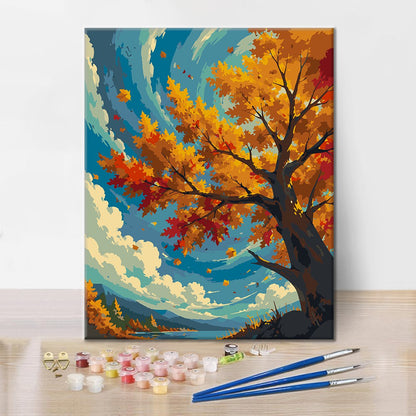 Arbre d’automne sous un ciel bleu – Peinture par numéros