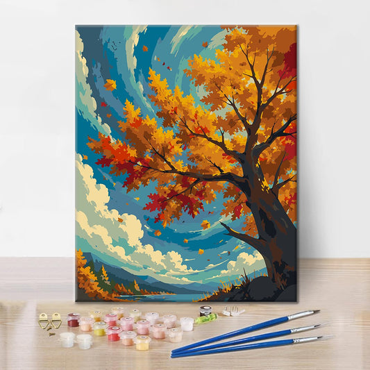 Arbre d’automne sous un ciel bleu – Peinture par numéros