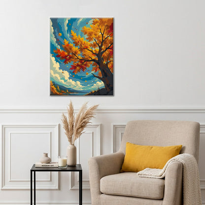 Arbre d’automne sous un ciel bleu – Peinture par numéros