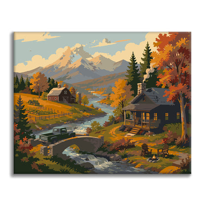 Chalets de montagne au bord d’un ruisseau – Peinture par numéros