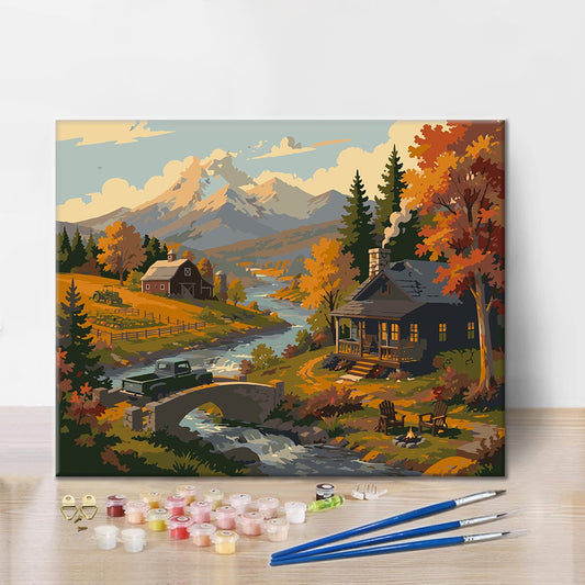 Chalets de montagne au bord d’un ruisseau – Peinture par numéros