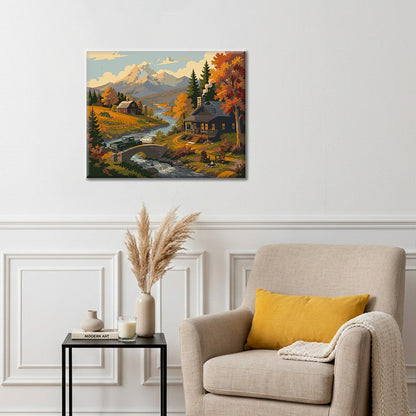 Chalets de montagne au bord d’un ruisseau – Peinture par numéros