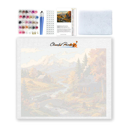 Chalets de montagne au bord d’un ruisseau – Peinture par numéros