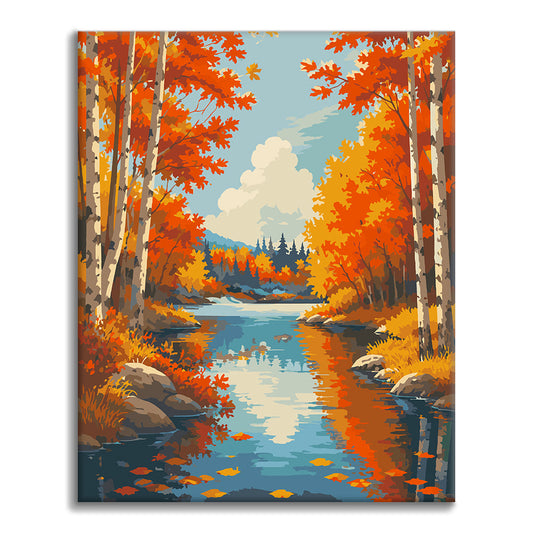 Rivière de bouleaux en automne – Peinture par numéros