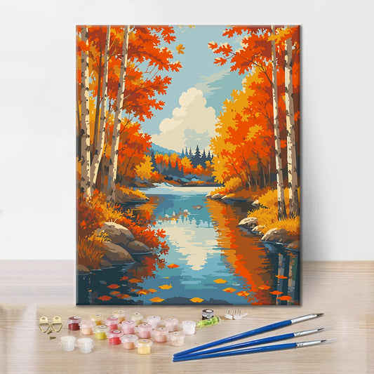 Rivière de bouleaux en automne – Peinture par numéros