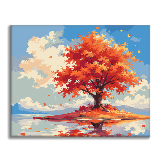 Arbre d’automne solitaire au bord de l’eau – Peinture par numéros