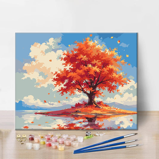 Arbre d’automne solitaire au bord de l’eau – Peinture par numéros