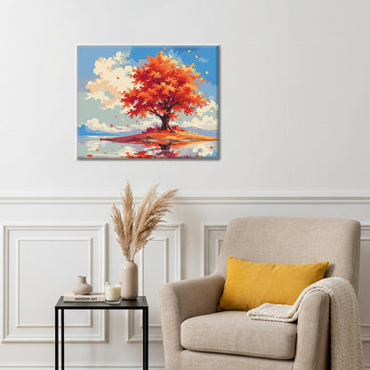 Arbre d’automne solitaire au bord de l’eau – Peinture par numéros