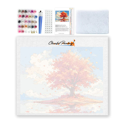 Arbre d’automne solitaire au bord de l’eau – Peinture par numéros
