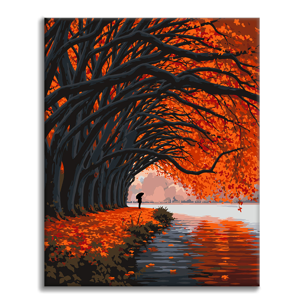 Tunnel d’arbres d’automne au bord du lac – Peinture par numéros