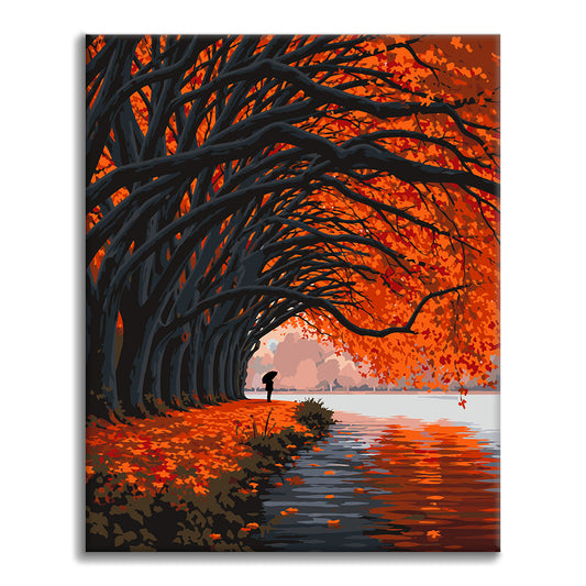 Tunnel d’arbres d’automne au bord du lac – Peinture par numéros