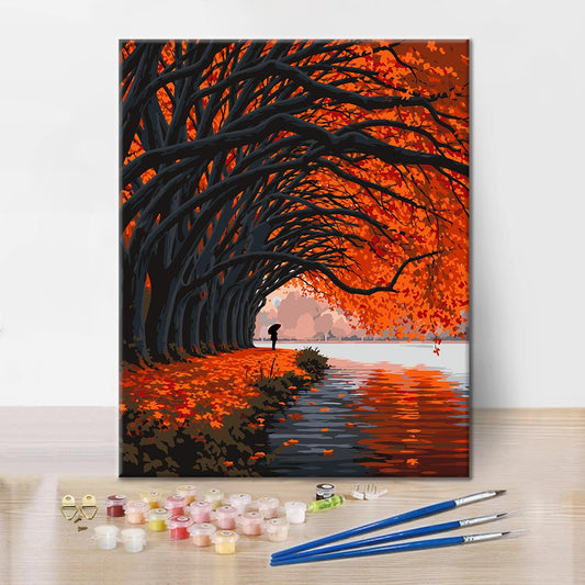 Tunnel d’arbres d’automne au bord du lac – Peinture par numéros