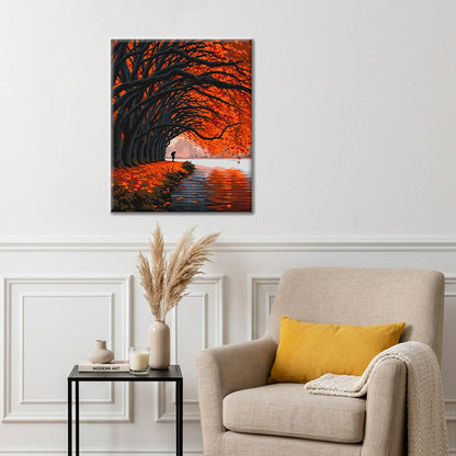 Tunnel d’arbres d’automne au bord du lac – Peinture par numéros