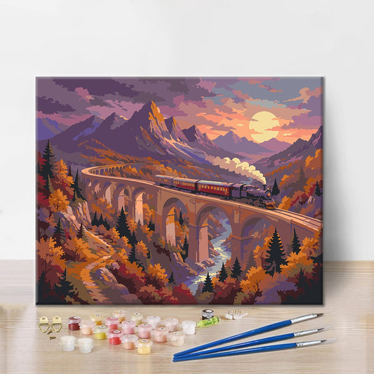 Train à vapeur sur le viaduc de montagne – Peinture par numéros
