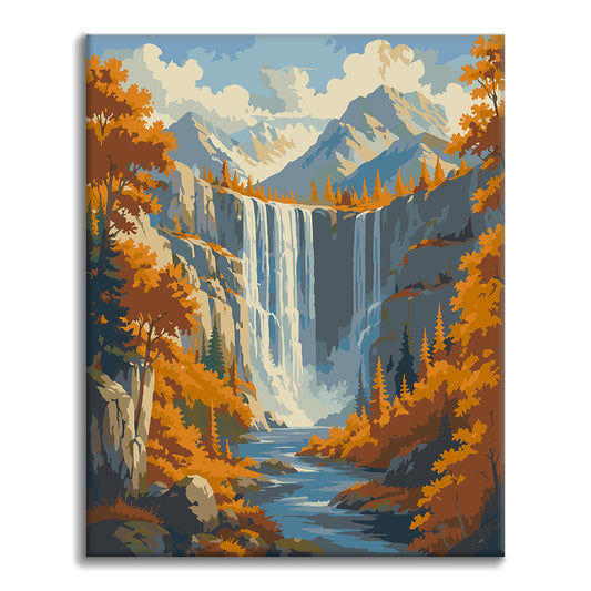 Cascade dans les montagnes d’automne – Peinture par numéros