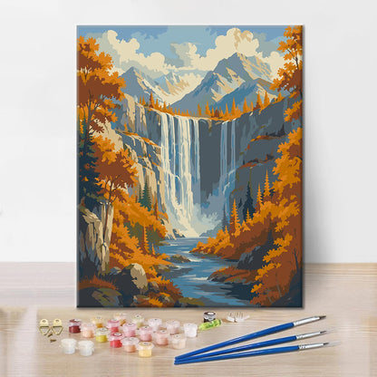 Cascade dans les montagnes d’automne – Peinture par numéros
