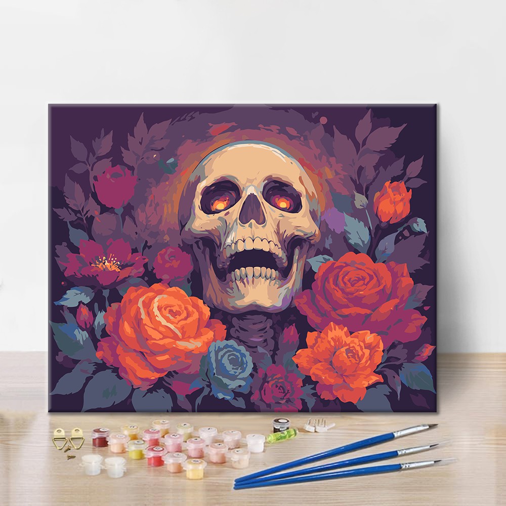 Crâne aux roses d’automne – Peinture par numéros