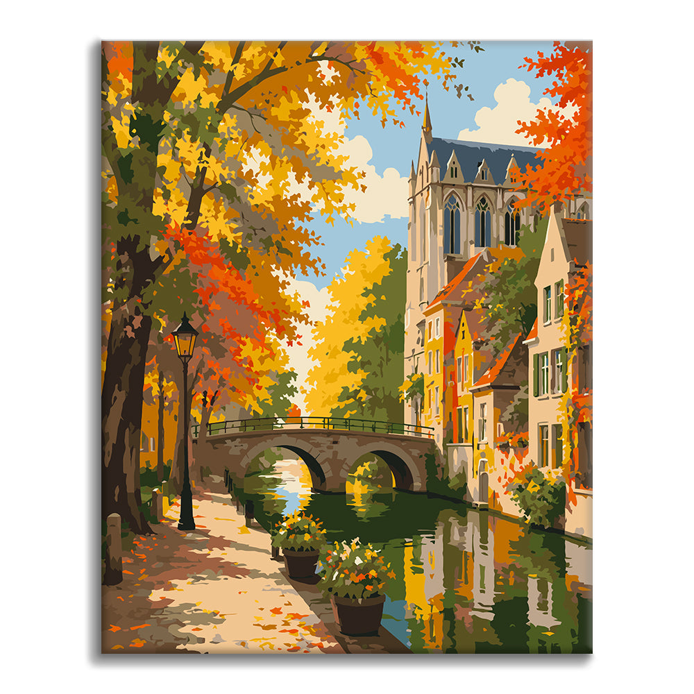Canal d’automne et tour d’église – Peinture par numéros
