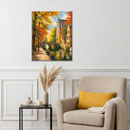 Canal d’automne et tour d’église – Peinture par numéros