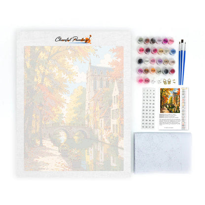 Canal d’automne et tour d’église – Peinture par numéros
