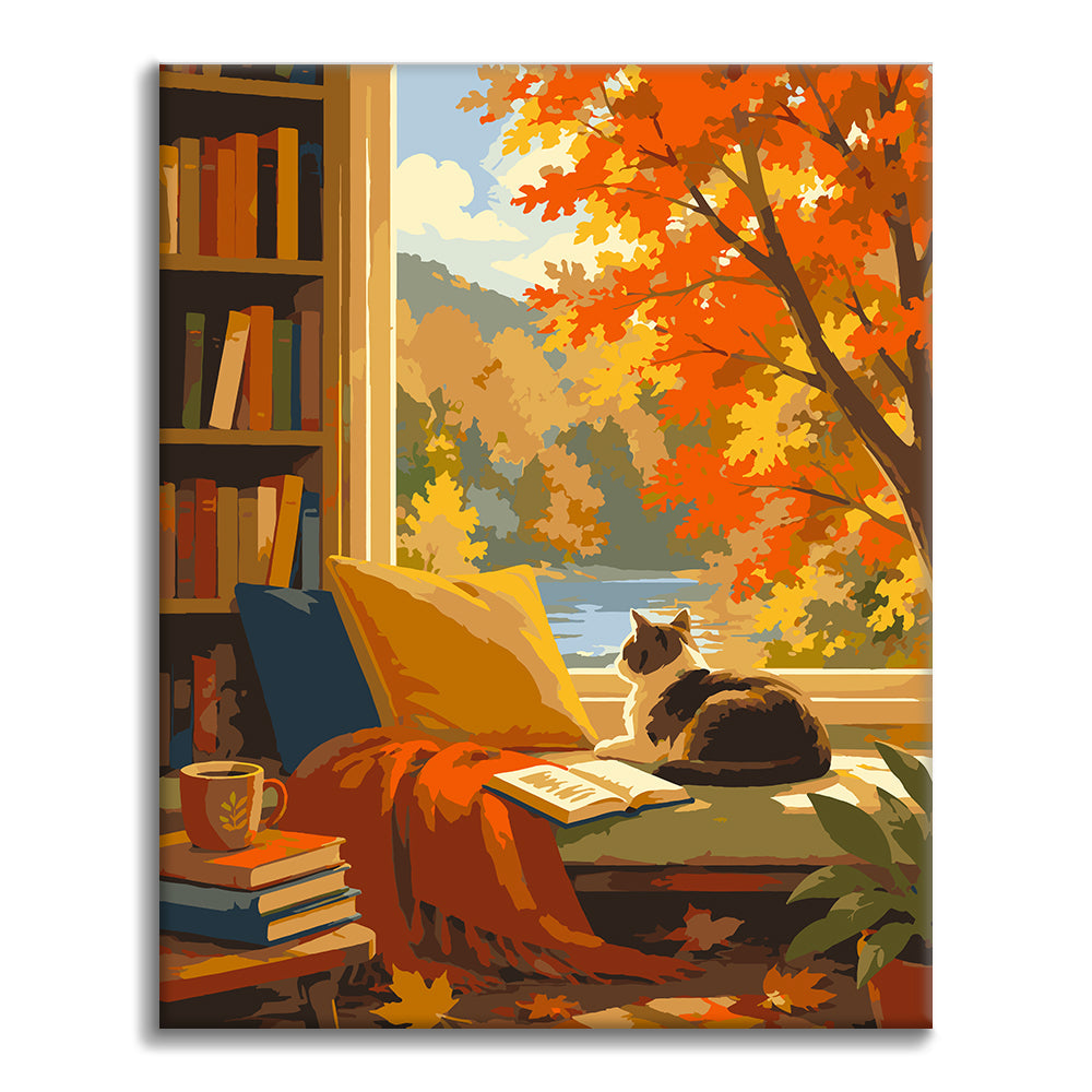 Chat dans un coin lecture ensoleillé – Peinture par numéros