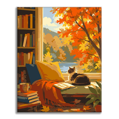 Chat dans un coin lecture ensoleillé – Peinture par numéros