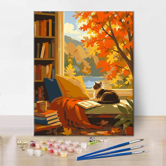 Chat dans un coin lecture ensoleillé – Peinture par numéros