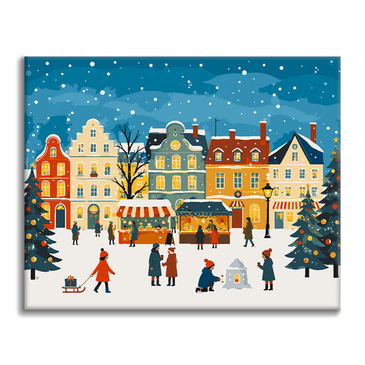 Place de marché de Noël enneigée – Peinture par numéros