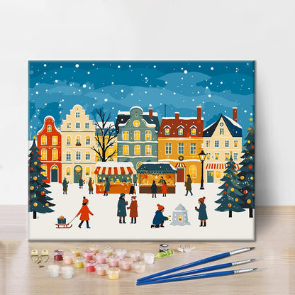 Place de marché de Noël enneigée – Peinture par numéros