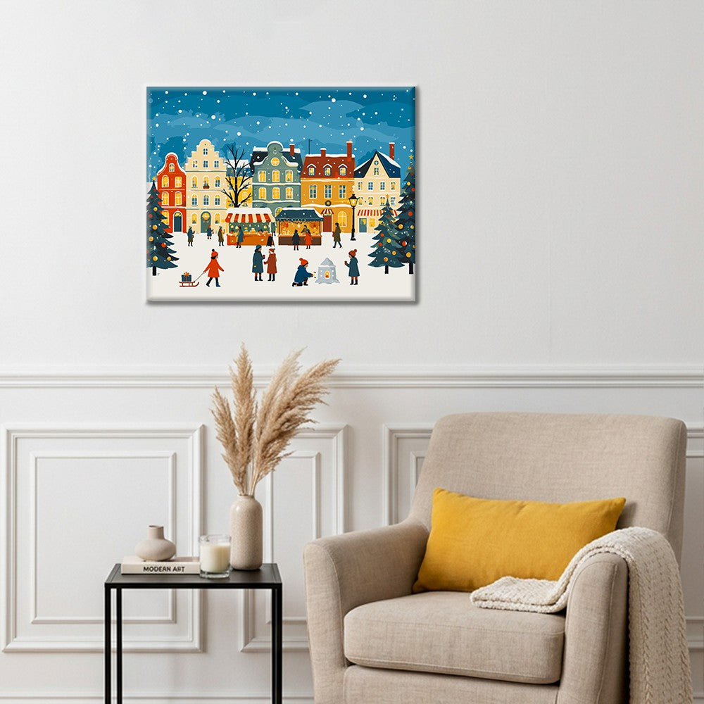Place de marché de Noël enneigée – Peinture par numéros