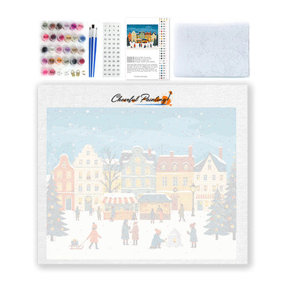 Place de marché de Noël enneigée – Peinture par numéros