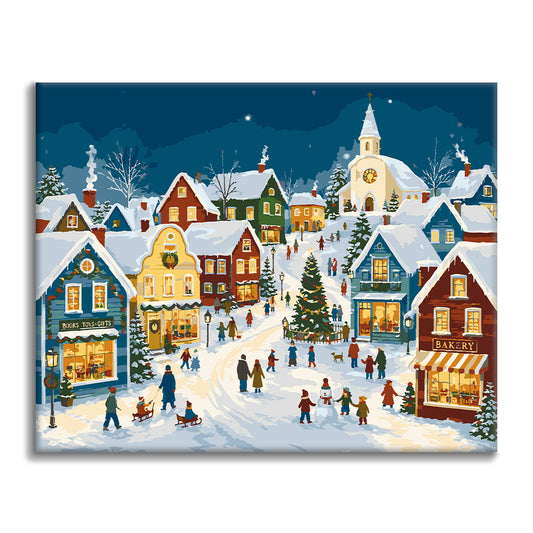 Village de Noël enneigé – Peinture par numéros