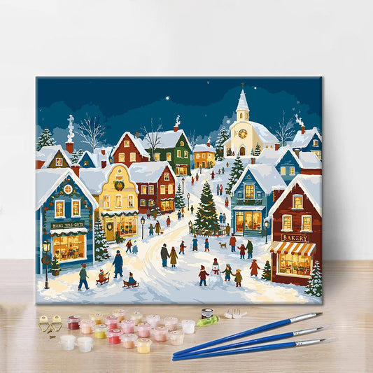 Village de Noël enneigé – Peinture par numéros