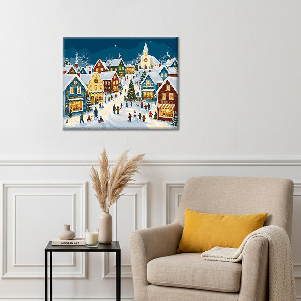 Village de Noël enneigé – Peinture par numéros
