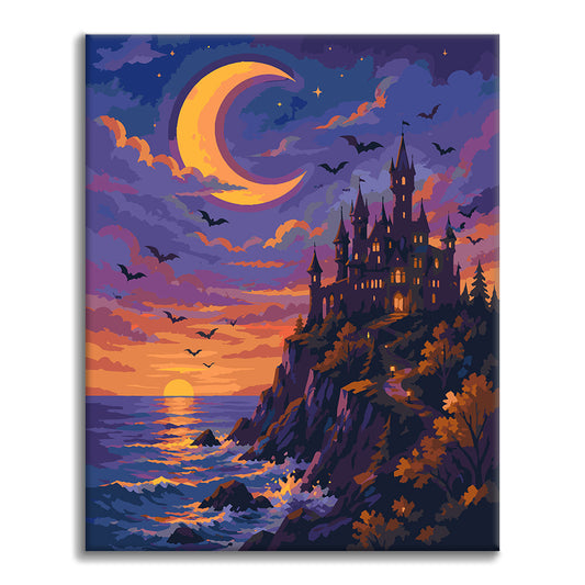Château au clair de lune au-dessus de la mer – Peinture par numéros