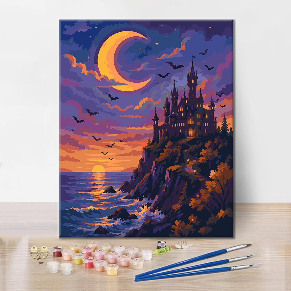 Château au clair de lune au-dessus de la mer – Peinture par numéros