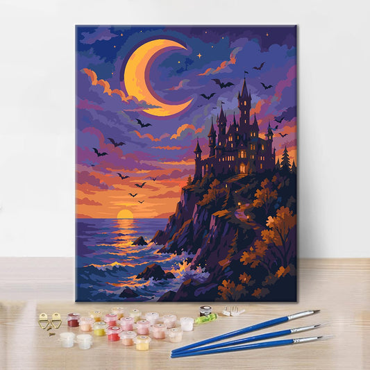 Château au clair de lune au-dessus de la mer – Peinture par numéros